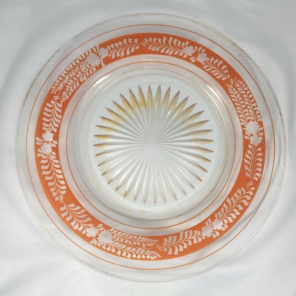 Unique Vintage Glass Plate w/ Orange Gold Floral Embossed Starburst MCM Design